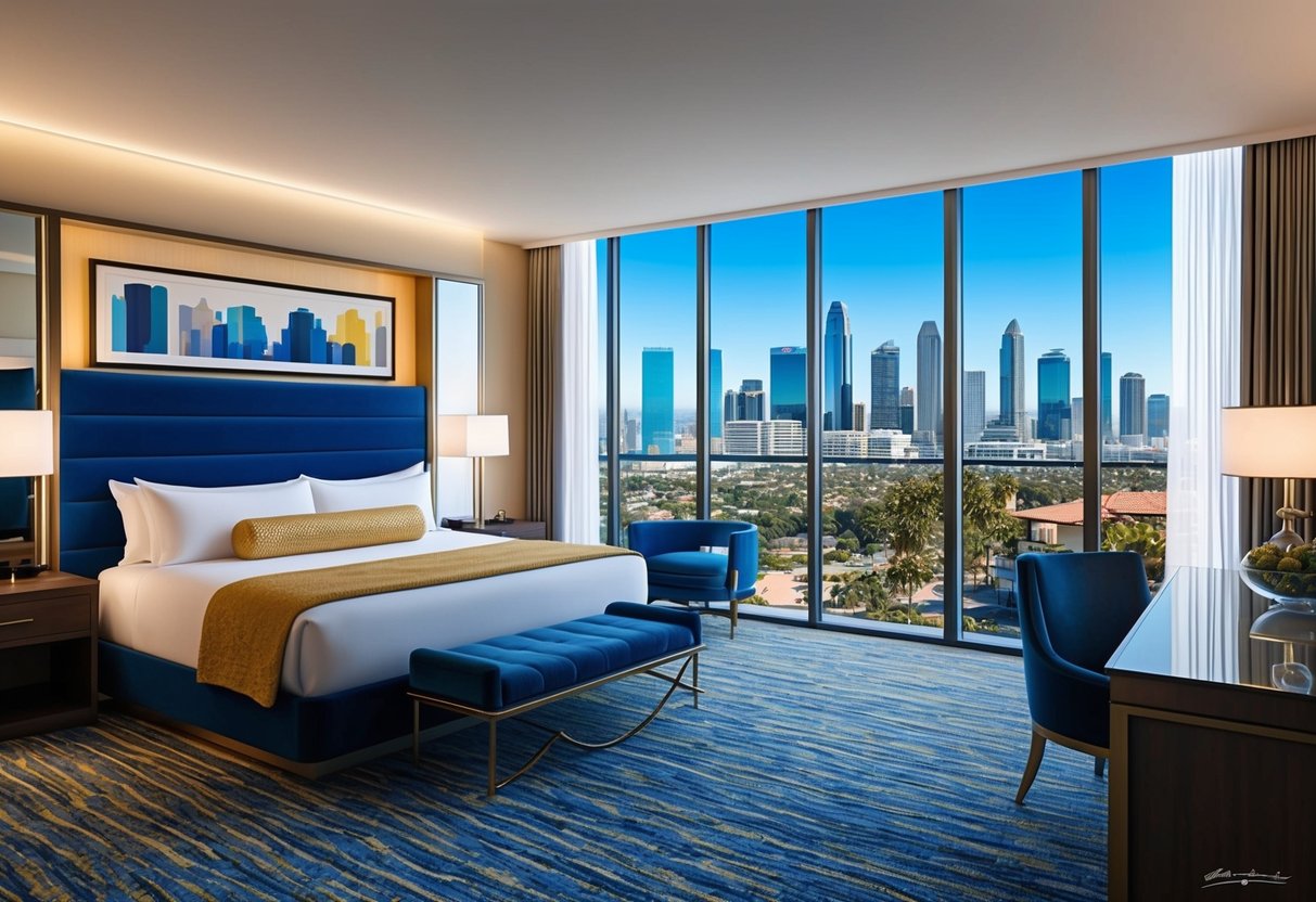 A lavish hotel room with a view of the San Diego skyline, complete with a plush king-sized bed, modern furnishings, and a private balcony