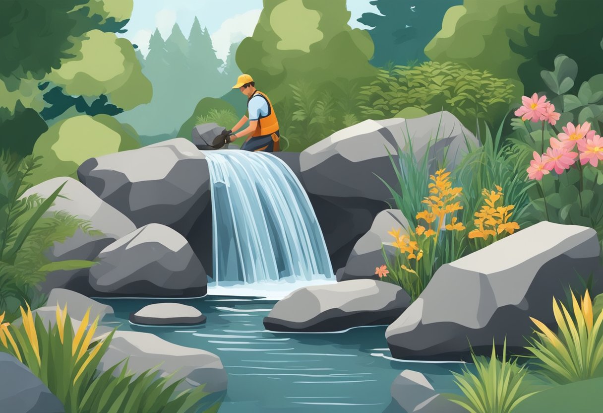 A landscaper carefully places rocks and plants to create a natural-looking waterfall or stream in a serene garden setting