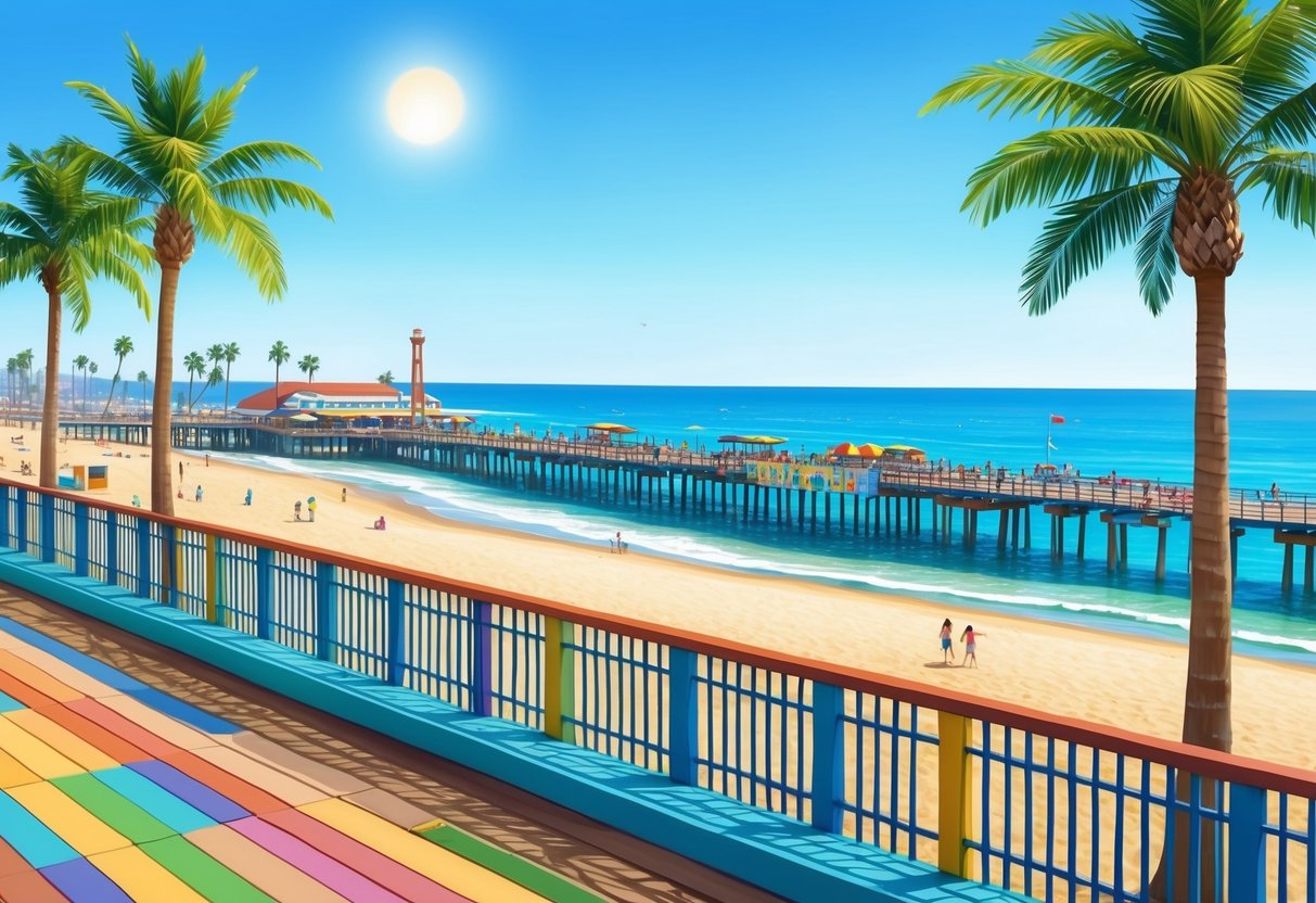A sunny beach with palm trees, a colorful boardwalk, and a bustling pier overlooking the ocean in San Diego, California