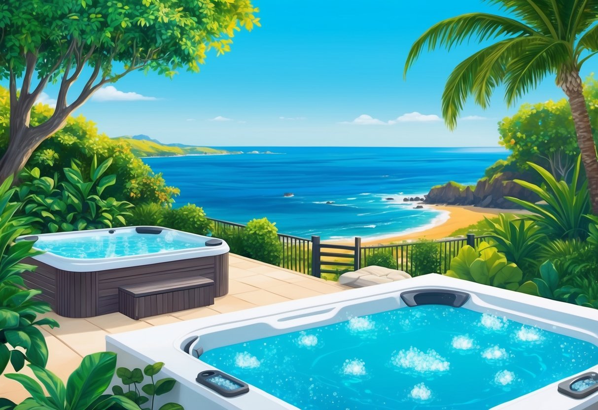 A serene spa with a lush garden, a bubbling hot tub, and a view of the Pacific Ocean under a clear blue sky