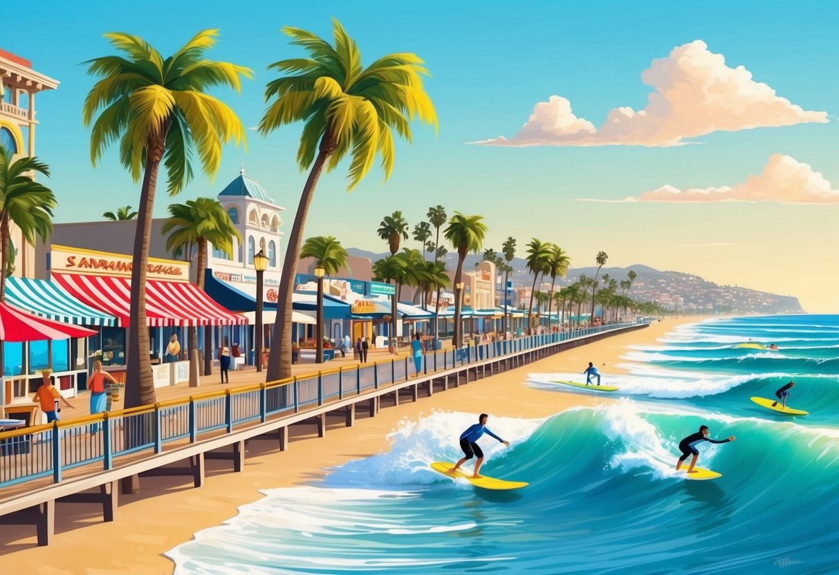 A sunny beach with palm trees, surfers catching waves, and a bustling boardwalk lined with shops and restaurants in San Diego, California