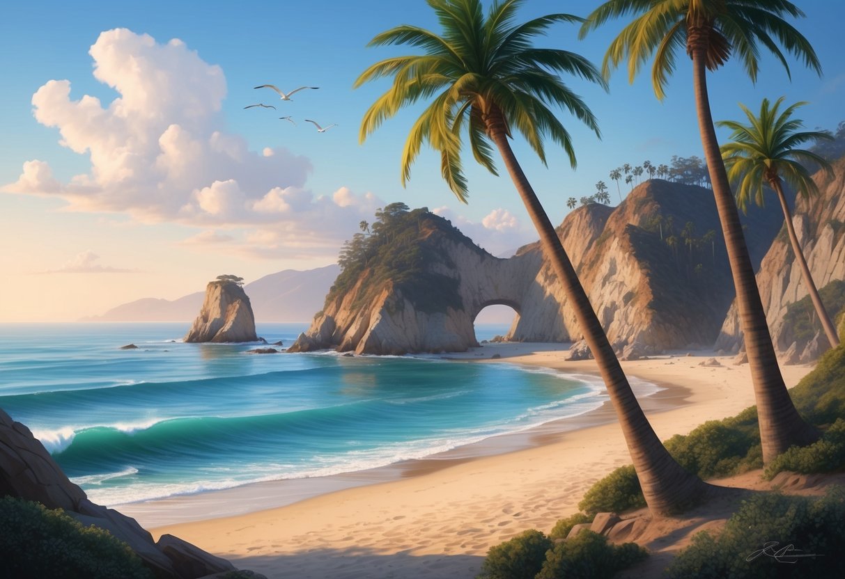 A tranquil beach cove nestled between rugged cliffs, with palm trees swaying in the gentle ocean breeze under the warm San Diego sun