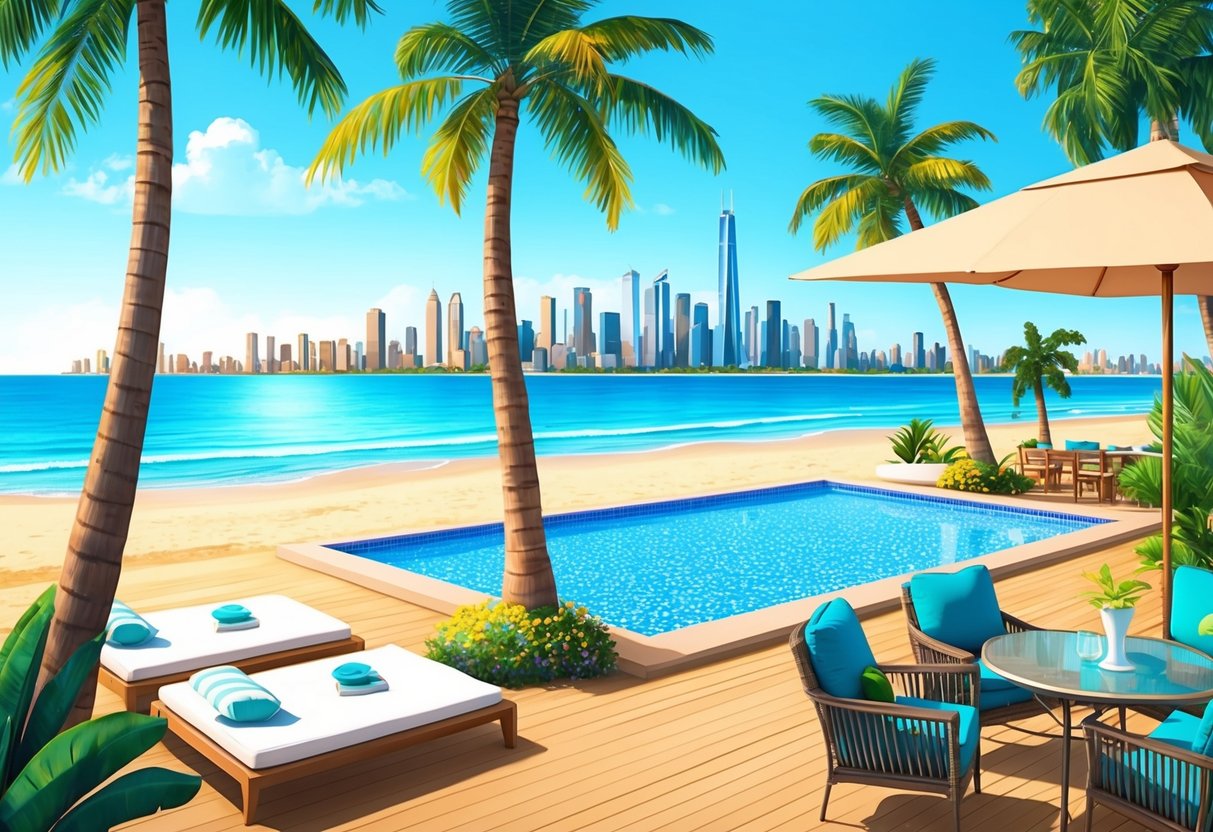 A sunny beach with palm trees, a sparkling pool, and a cozy outdoor patio with a view of the city skyline