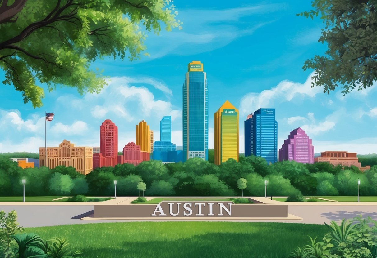 A colorful mural of the Austin skyline, with a backdrop of lush greenery and a clear blue sky