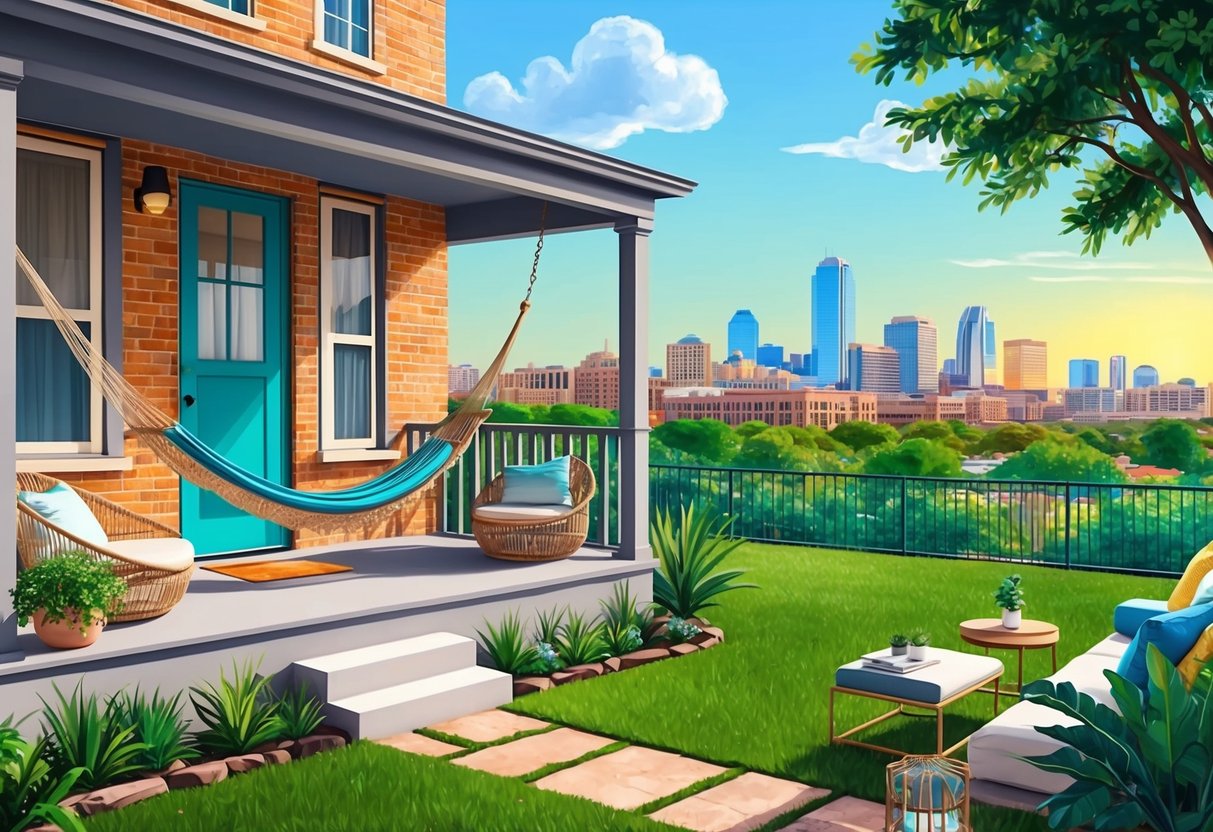 A cozy Airbnb in Austin, Texas with a hammock on the porch, a lush garden, and a view of the city skyline