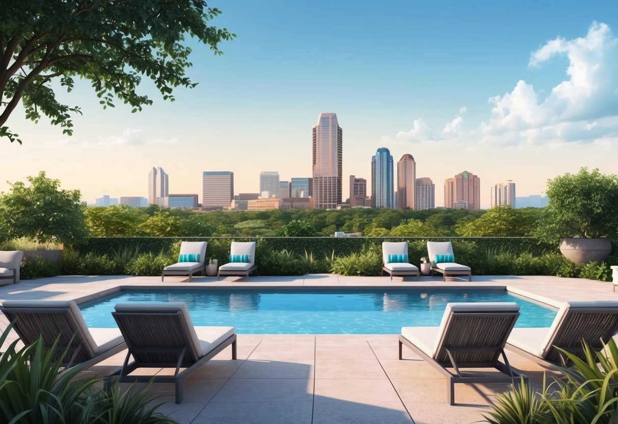 A serene poolside scene with lounging chairs, lush greenery, and a view of the Austin skyline in the background