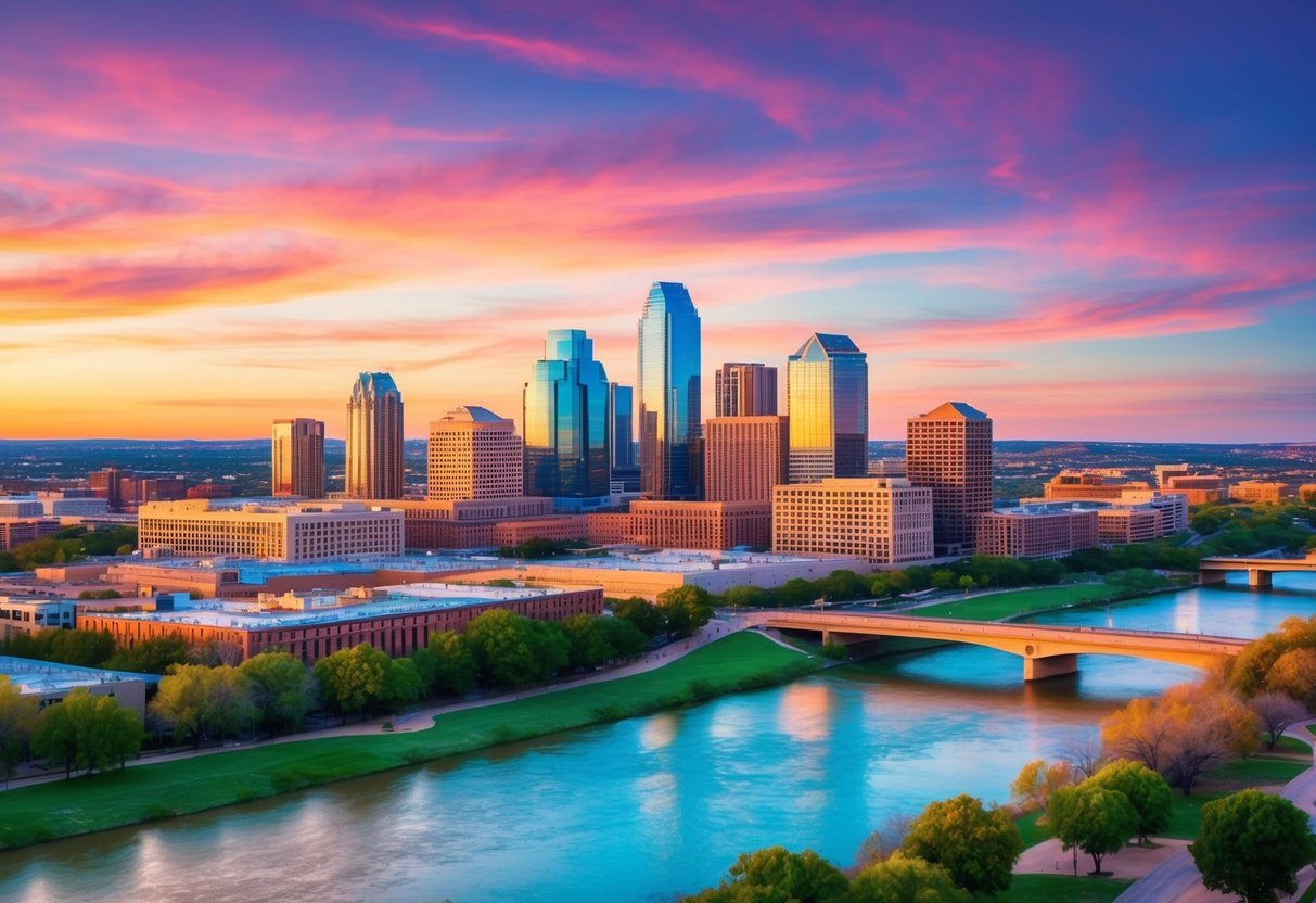 A picturesque view of the Austin skyline at sunset, with the iconic cityscape and the Colorado River in the foreground.  You'll have a fabulous staycation in Austin, Texas. 