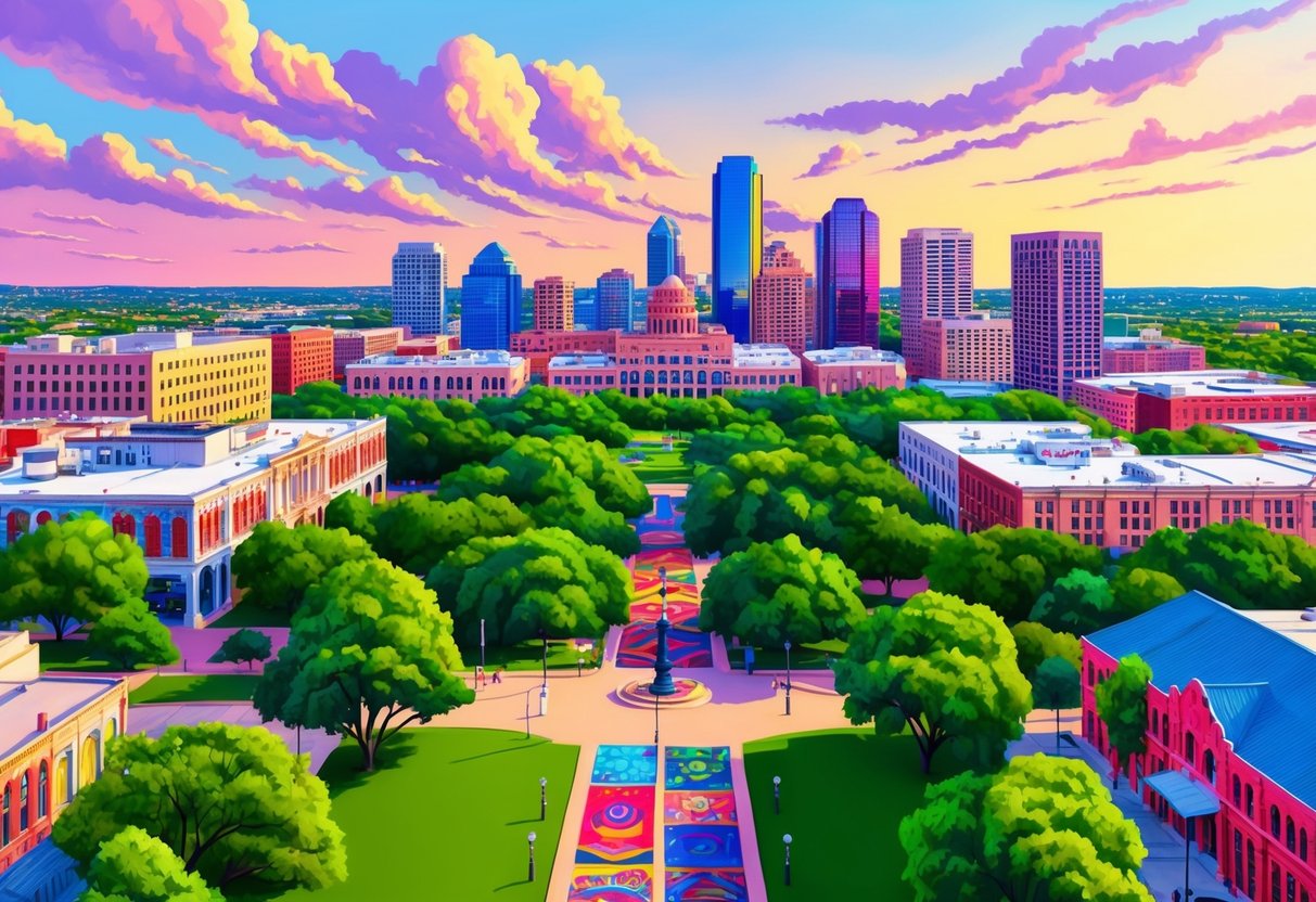 A scenic view of downtown during your staycation in Austin, Texas with the iconic skyline, vibrant street art, and lush green parks