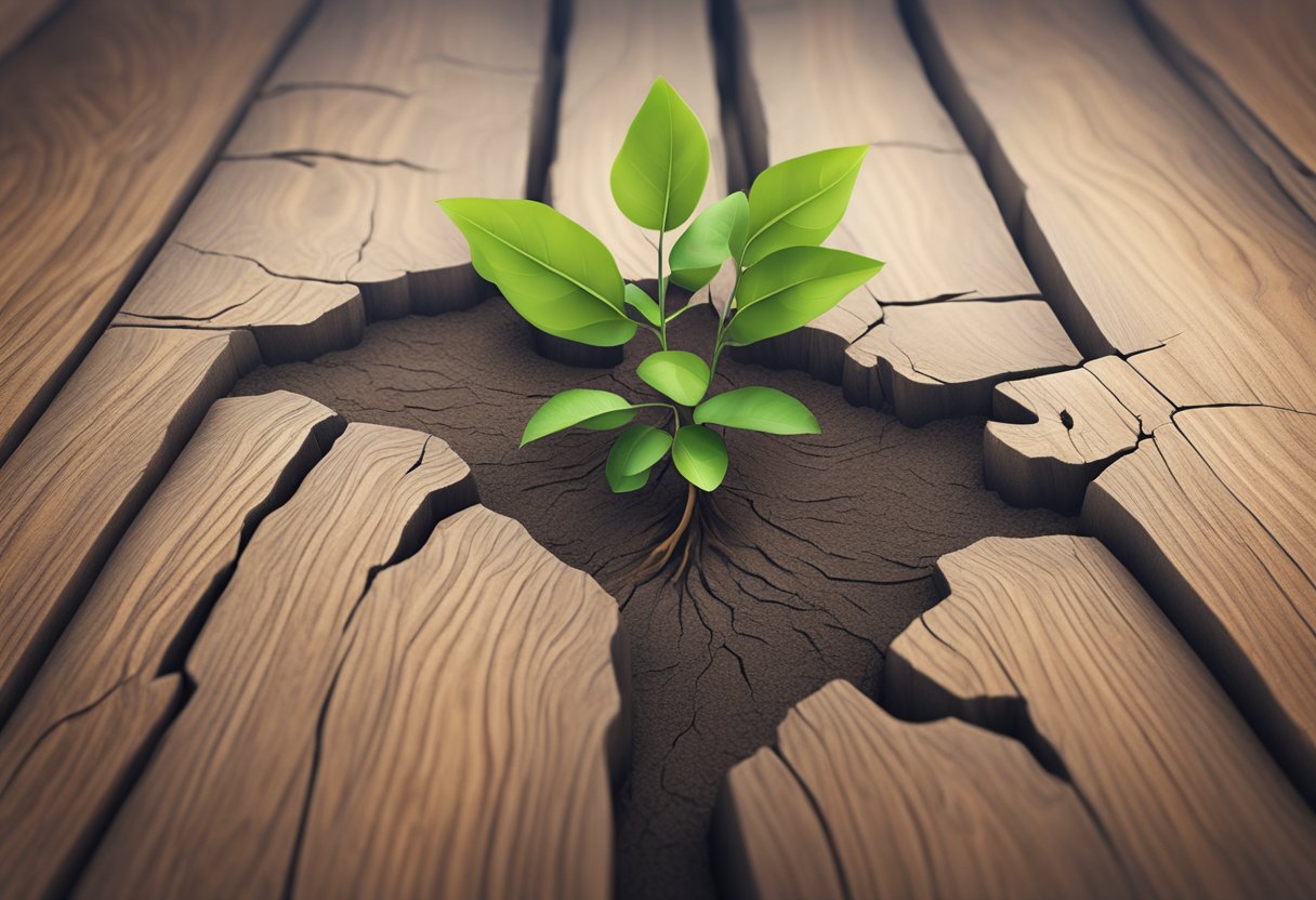 A sapling grows through a crack in the middle of a wooden table