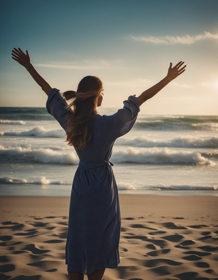 woman with raised hands looking into the ocean at sunset