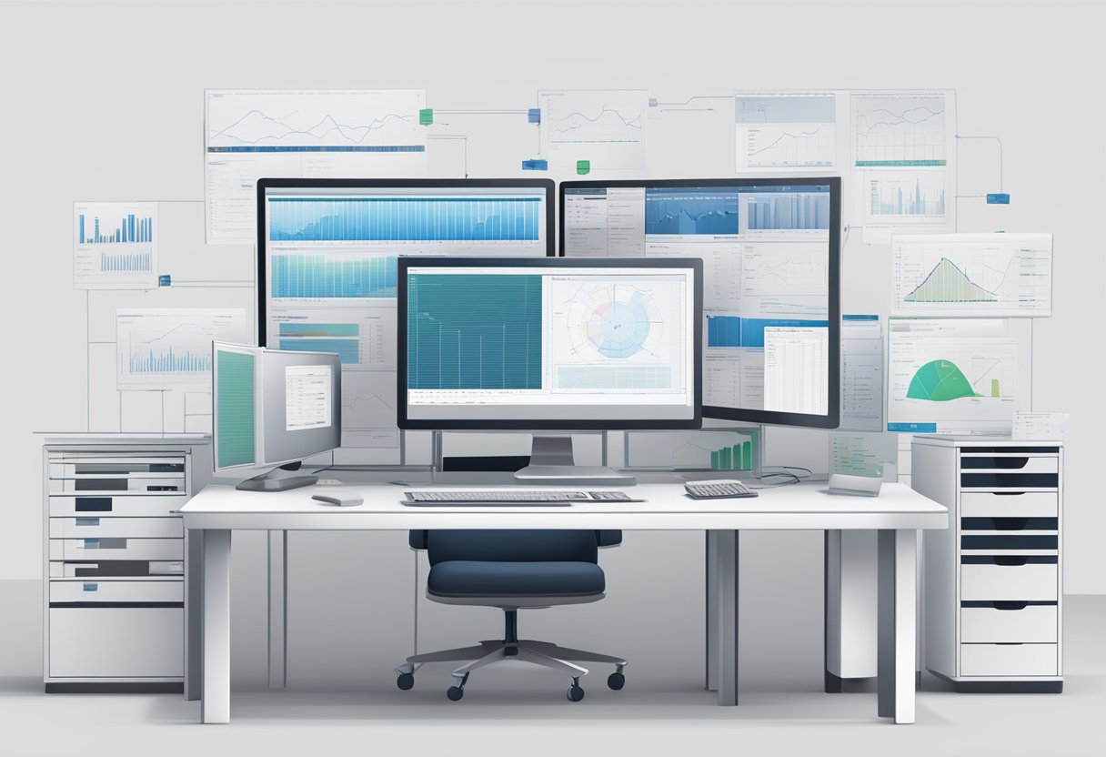 A detailed material group table displayed on a computer screen, surrounded by technical framework and data fields