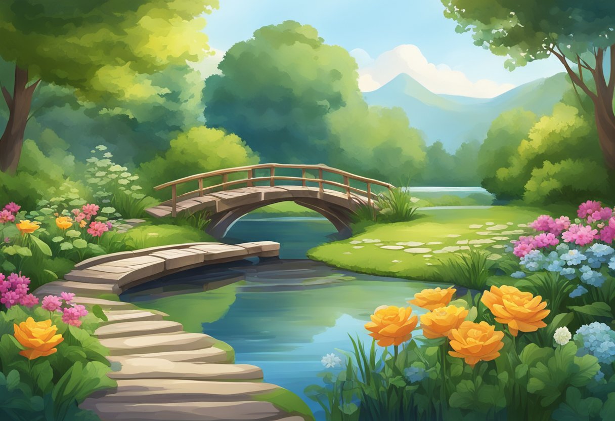 A serene pond surrounded by lush greenery and colorful flowers, with stepping stones and a wooden bridge leading to the water's edge