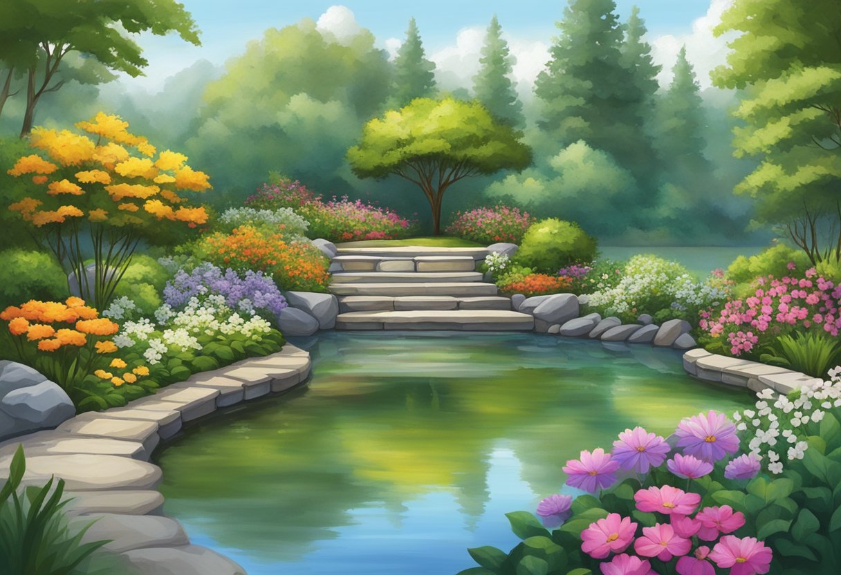 A serene pond surrounded by natural stone edging, with lush greenery and colorful flowers bordering the water's edge