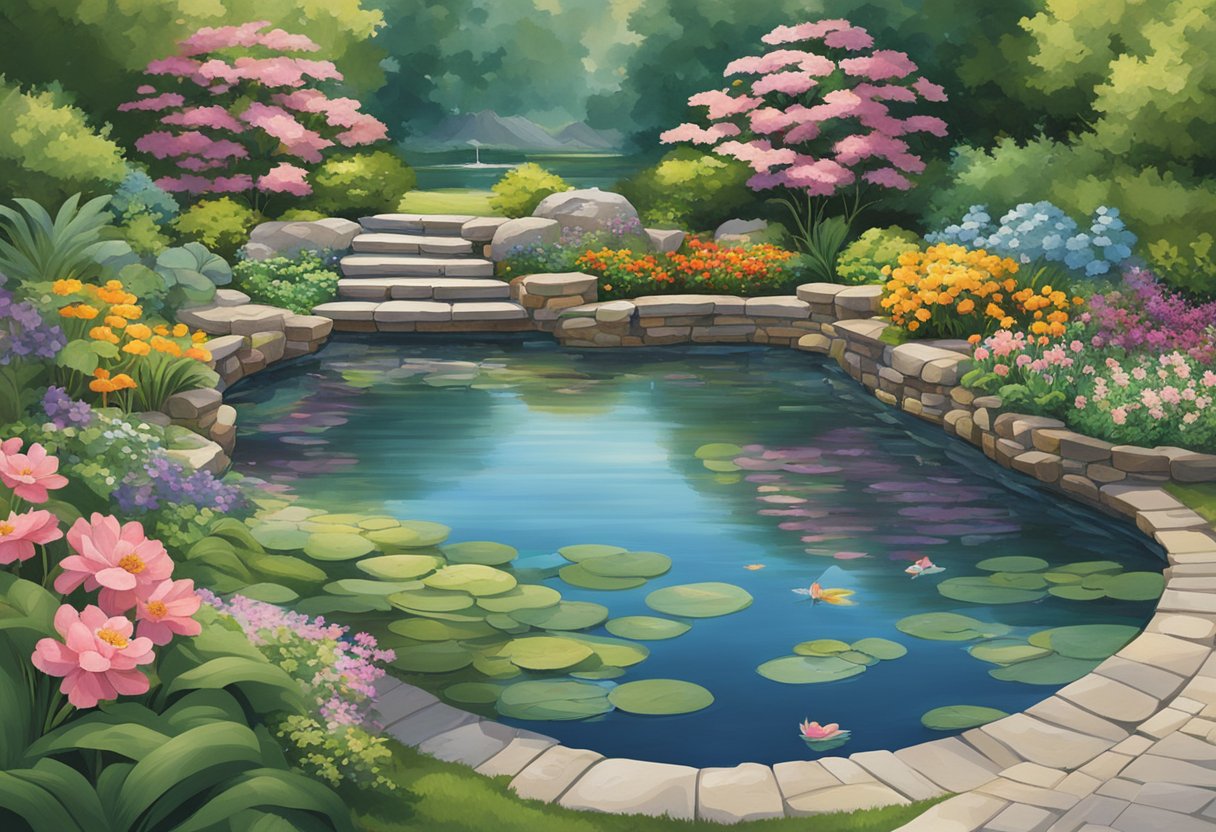 A tranquil pond surrounded by various constructed edging choices, including stone, wood, and brick, with lush greenery and colorful flowers bordering the water's edge