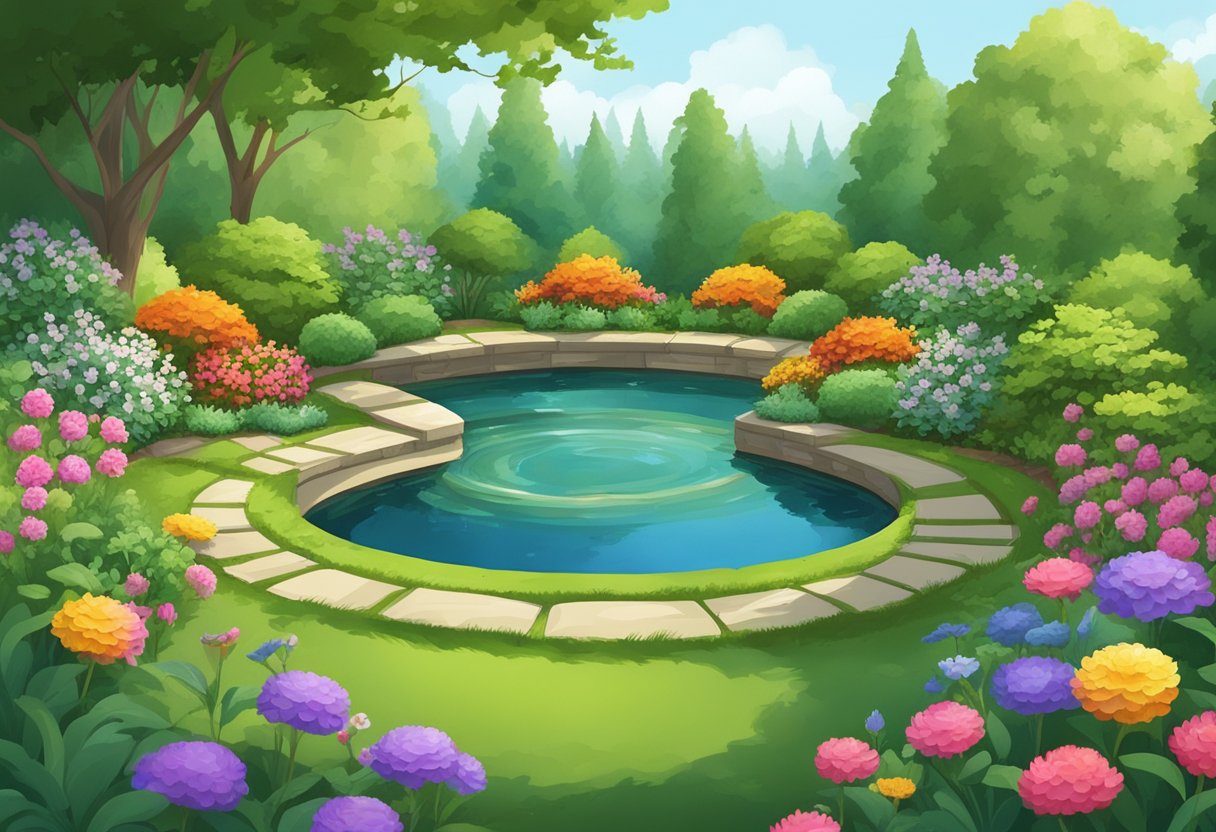 A circular garden pond surrounded by lush greenery and colorful flowers