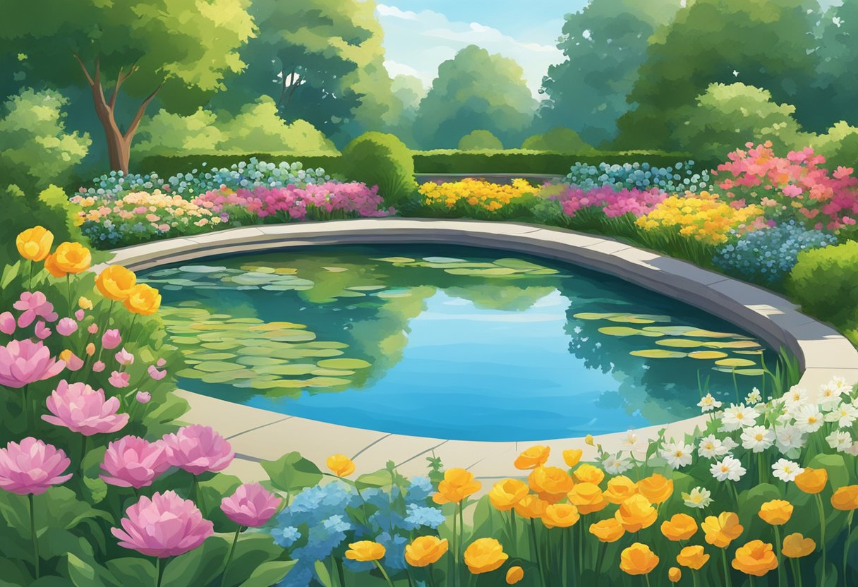 A serene, oval-shaped garden pond nestled among lush greenery and colorful flowers, reflecting the clear blue sky above