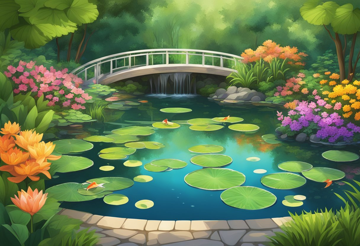 A circular garden pond with lily pads and koi fish, surrounded by lush green vegetation and colorful flowers