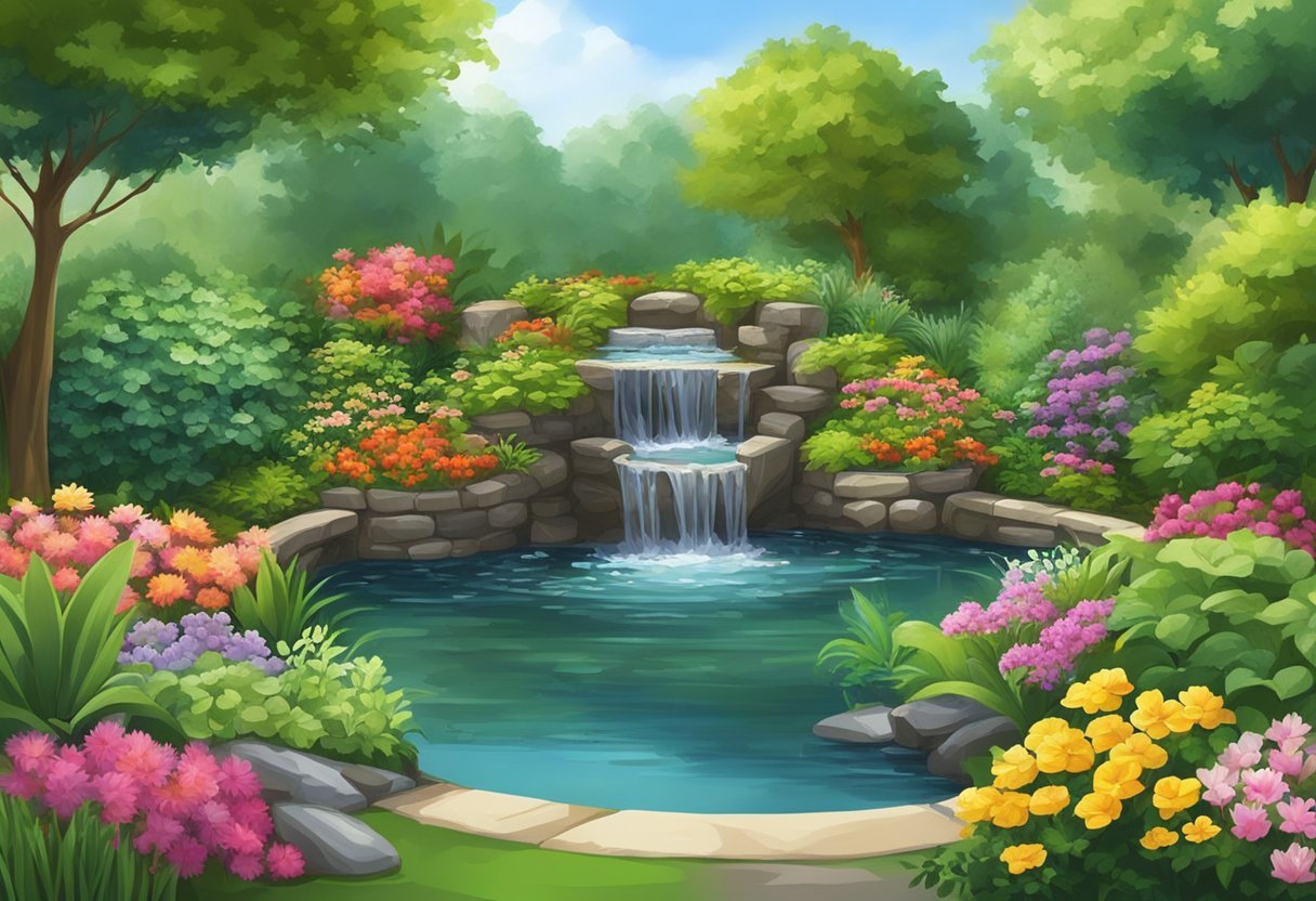 A round garden pond surrounded by lush green plants and colorful flowers, with a small waterfall cascading into the water