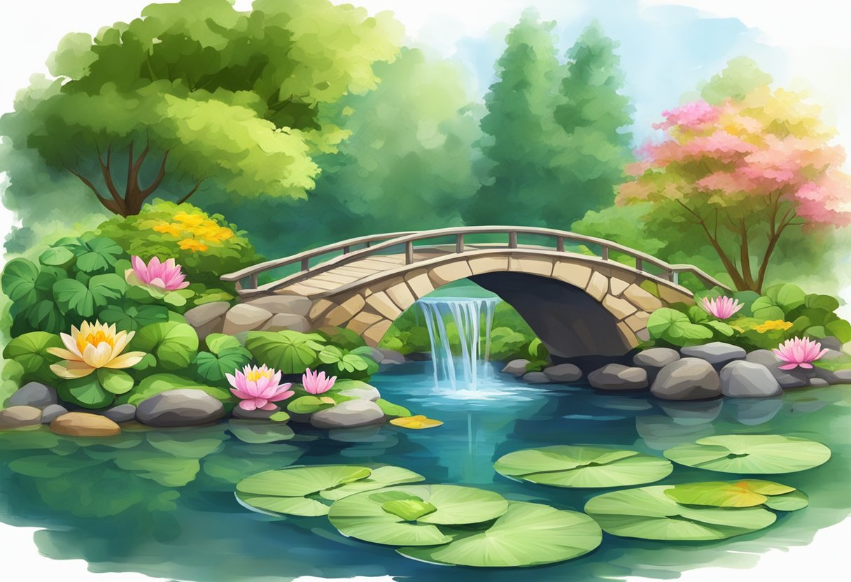 A serene garden pond with lush greenery, colorful water lilies, and a stone bridge over the clear water. A small waterfall cascades into the pond, creating a peaceful and harmonious atmosphere