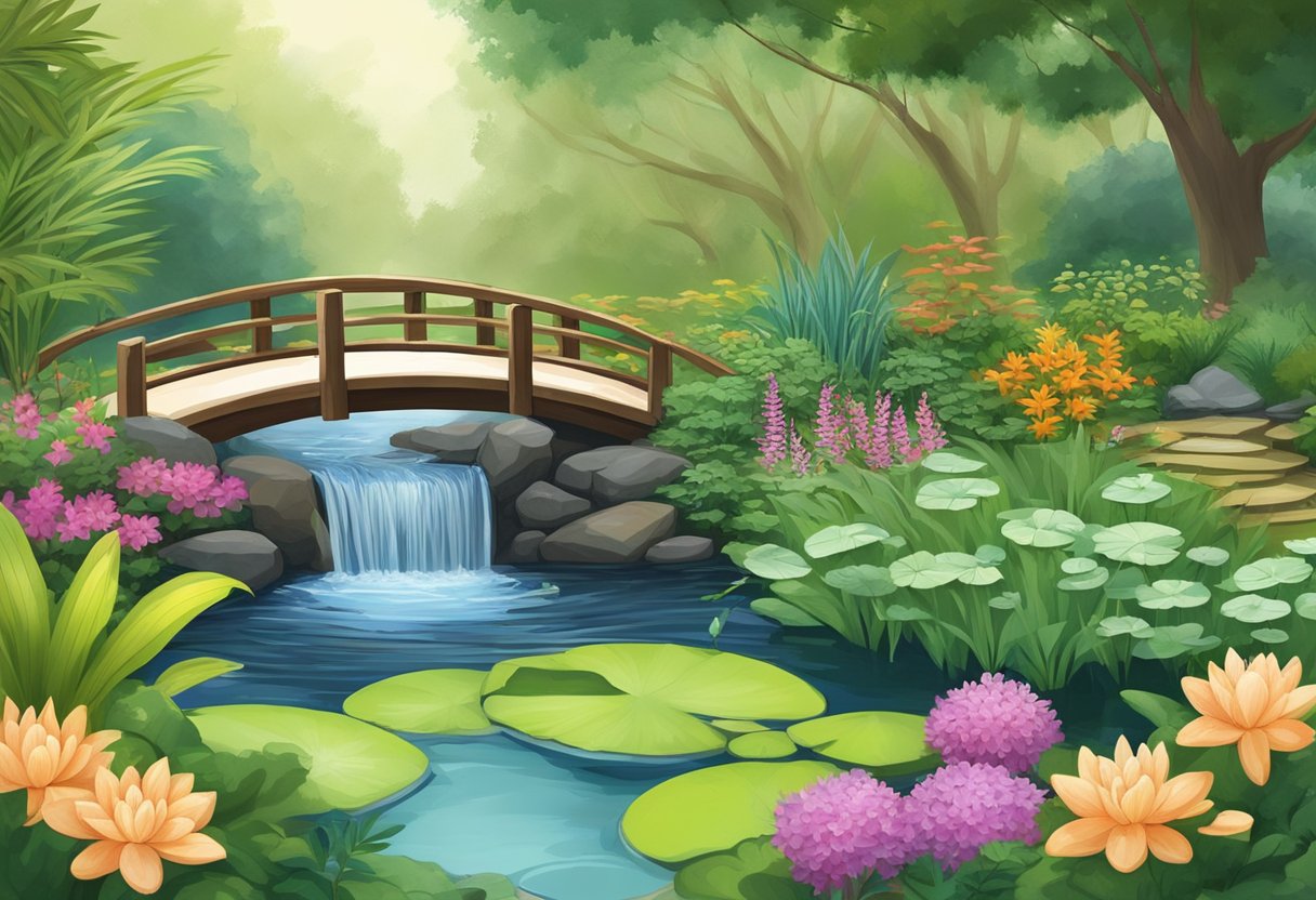 A serene garden pond with a cascading waterfall, surrounded by lush greenery and colorful aquatic plants. A bridge spans the pond, leading to a peaceful seating area