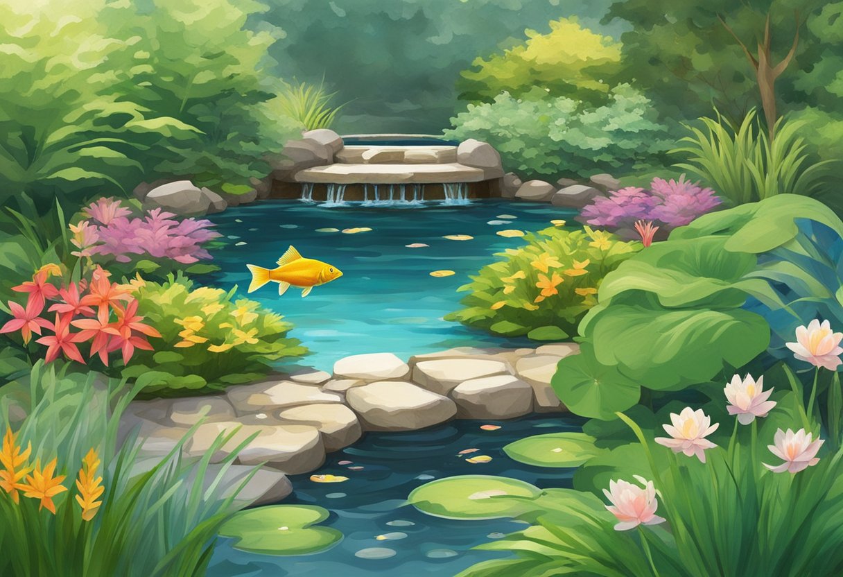 A serene garden pond with clear water, surrounded by lush greenery and colorful aquatic plants. A small fountain adds movement to the water, while a variety of fish swim gracefully below the surface