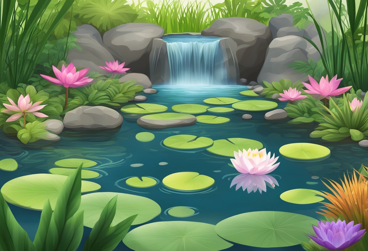 A serene garden pond with a variety of lush aquatic plants, including water lilies and floating ferns, surrounded by smooth stones and a gentle waterfall