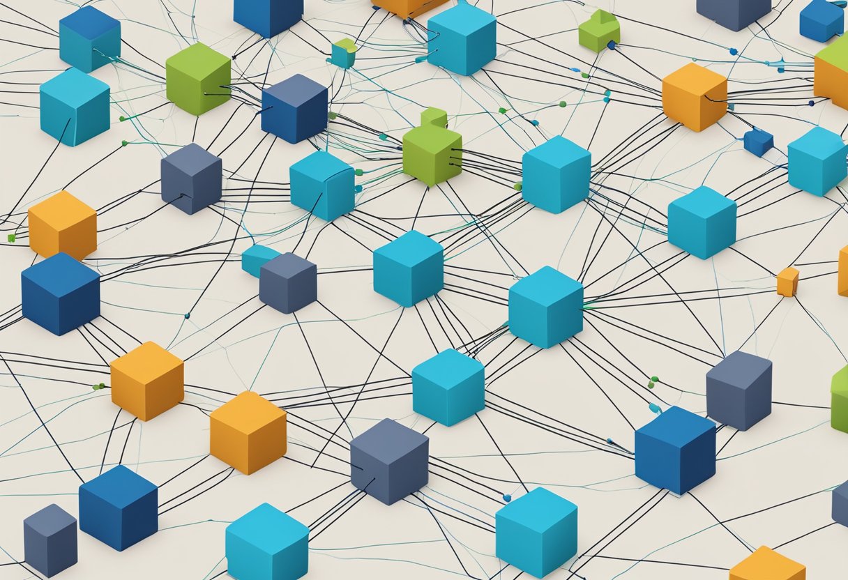 A network of interconnected objects in a digital environment, with lines and arrows linking them together