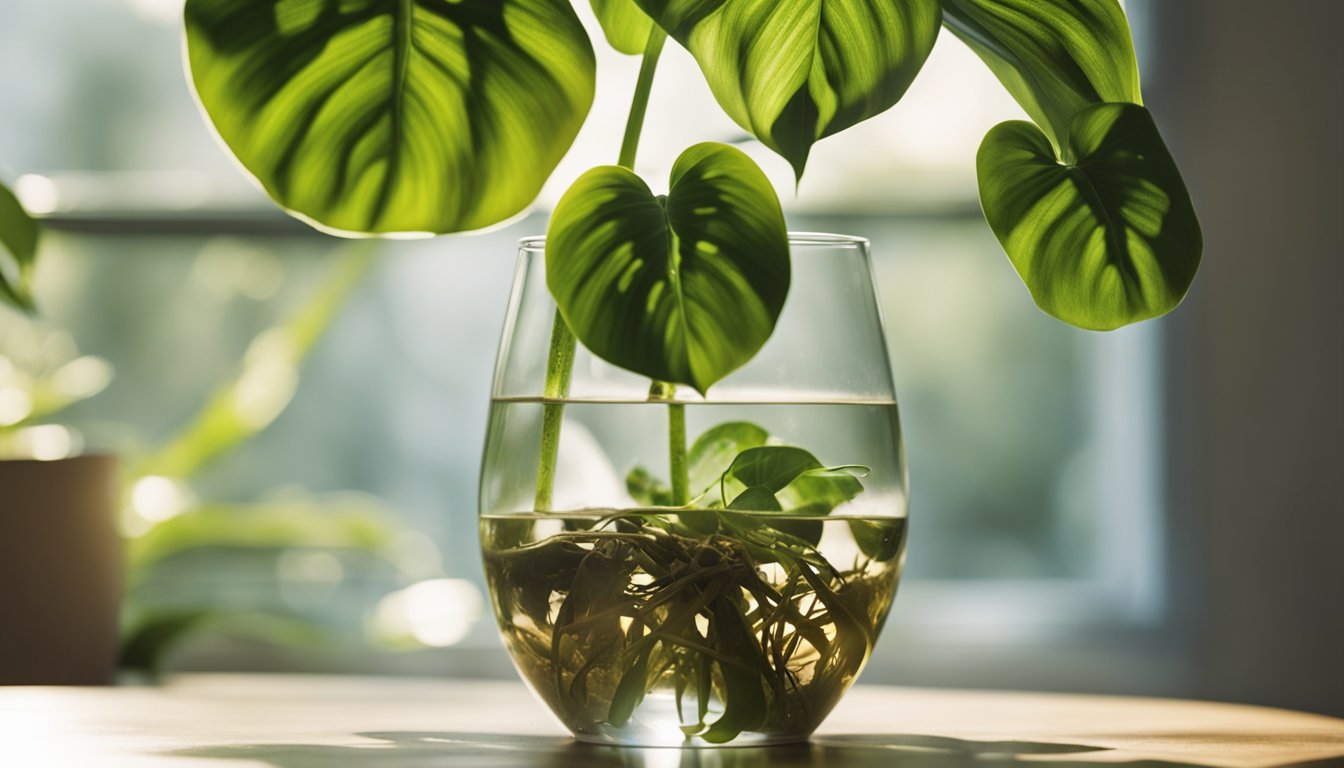 A pothos cutting with roots in water, next to monstera cuttings in glass tubes, all bathed in sunlight