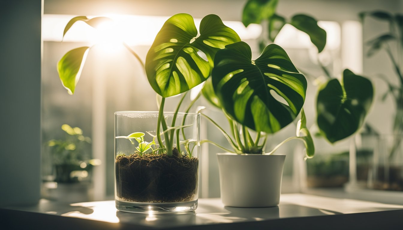 A pothos cutting with white roots in glass vase, next to monstera cuttings in propagation station with sprouting aerial roots. Sunlight highlights root development