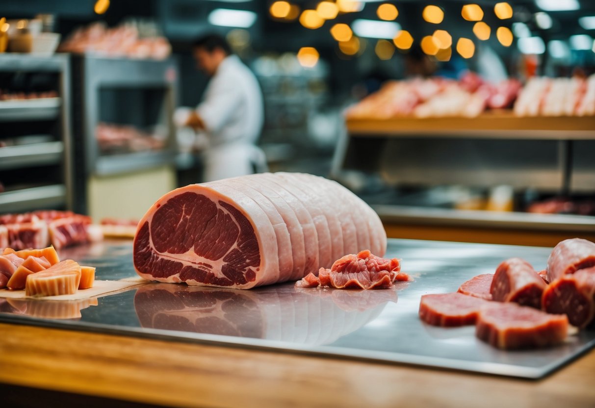 A butcher's table with a half beef cut sheet and various meat cuts