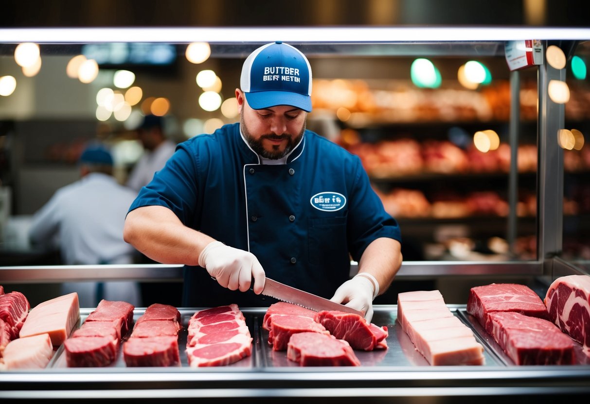 A butcher selecting various cuts of beef from a display case