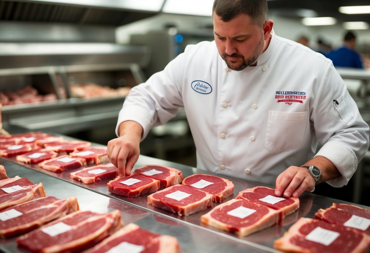 A butcher labeling and organizing various cuts of beef on a half beef cut sheet