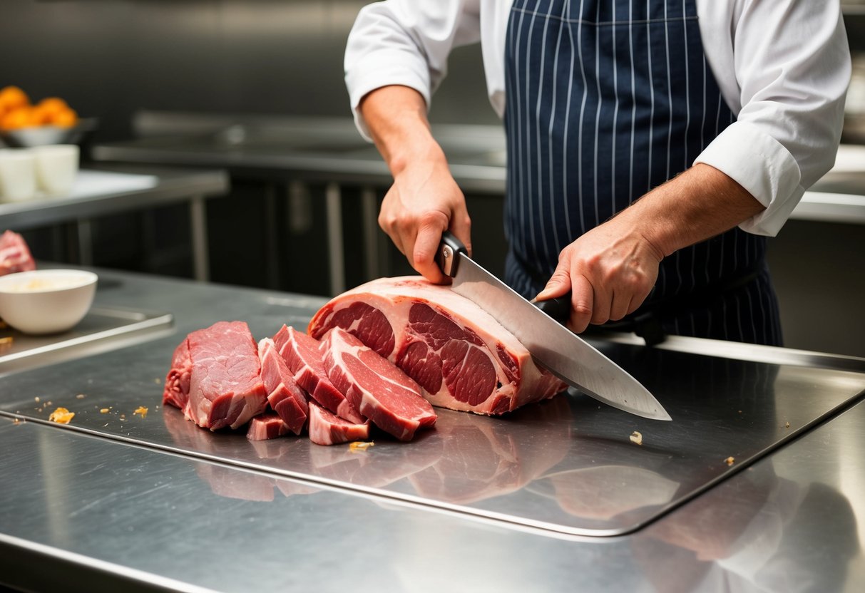 A butcher cutting a side of beef into various cuts on a clean, stainless steel table