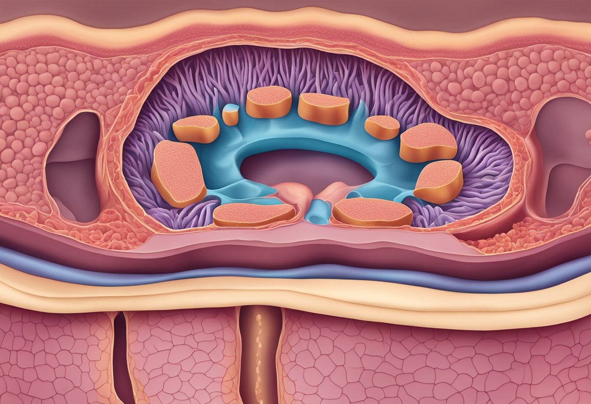 Une coupe transversale de tissu intestinal enflammé avec des ulcérations et des parois épaissies