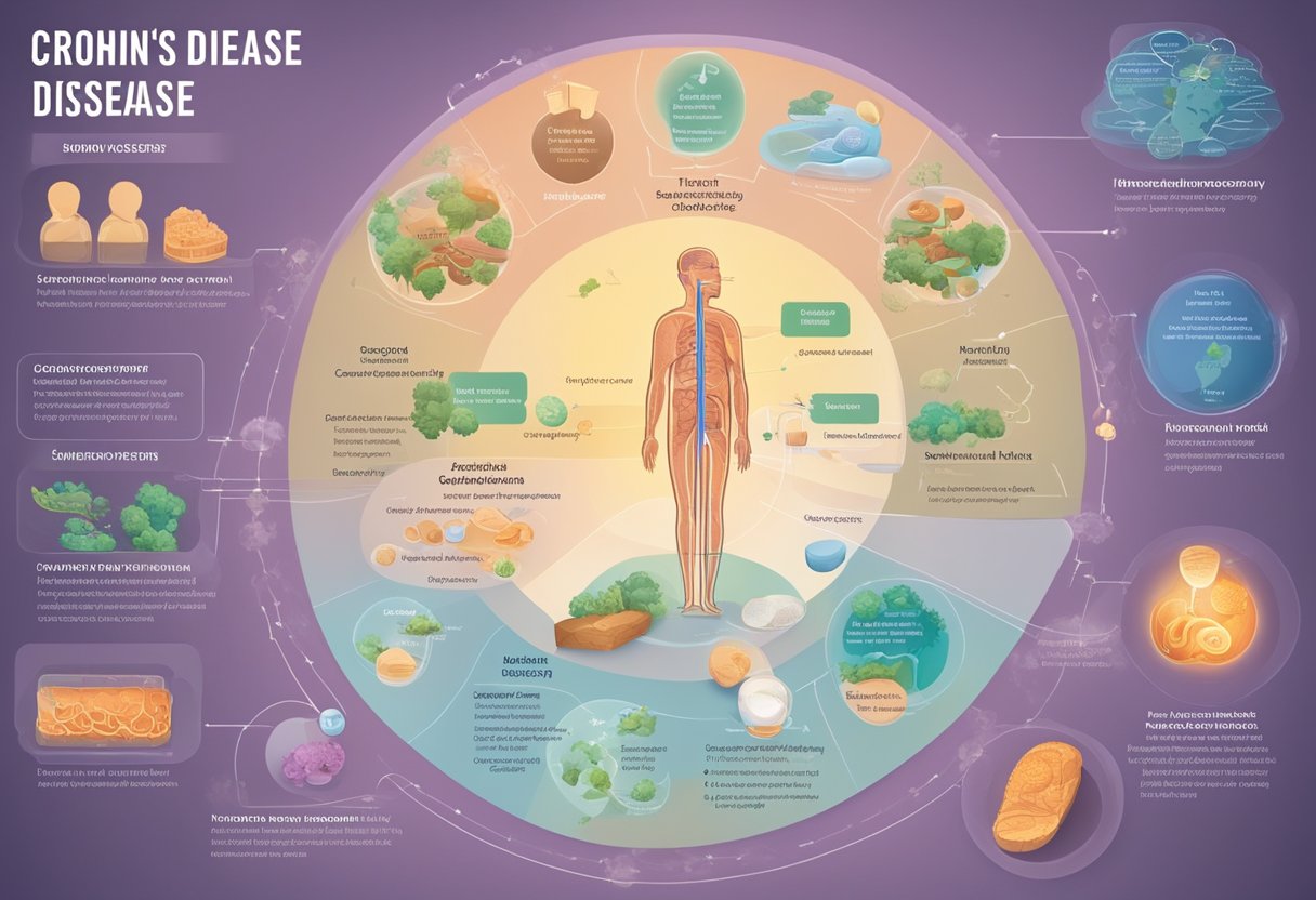 Un diagramme détaillé montrant les causes potentielles et les facteurs de risque de la maladie de Crohn, y compris les facteurs génétiques, environnementaux et du système immunitaire.