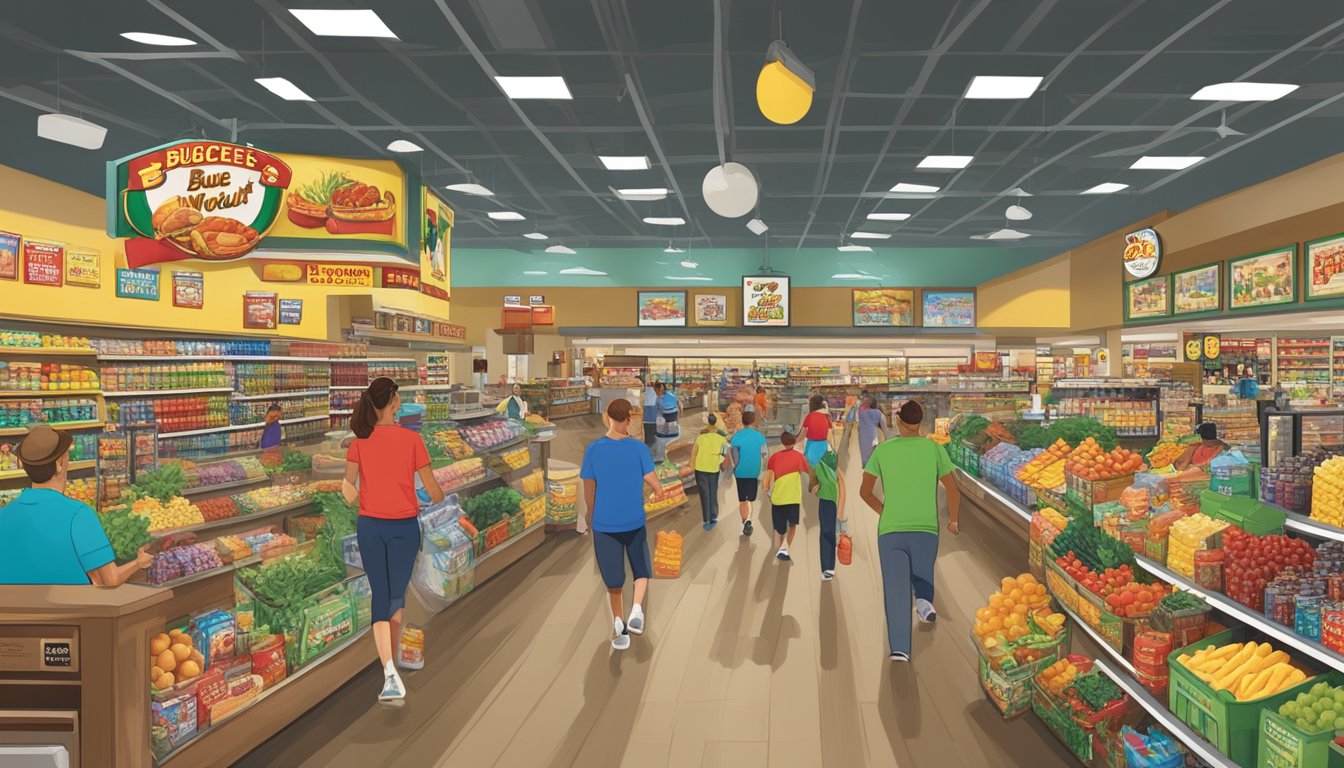 A busy Buc-ee's store with customers browsing aisles and grabbing snacks, drinks, and merchandise. A large sign promotes "The Buc-ee's Workout" with images of exercise and healthy living