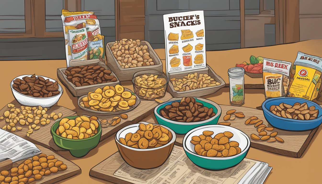 A table filled with assorted Buc-ee's snacks, from jerky to trail mix, arranged for a taste test. A scorecard and pen sit nearby