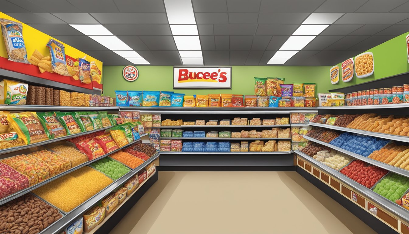 A colorful display of various snacks arranged on shelves behind the counter at Buc-ee's, including chips, candies, and other treats