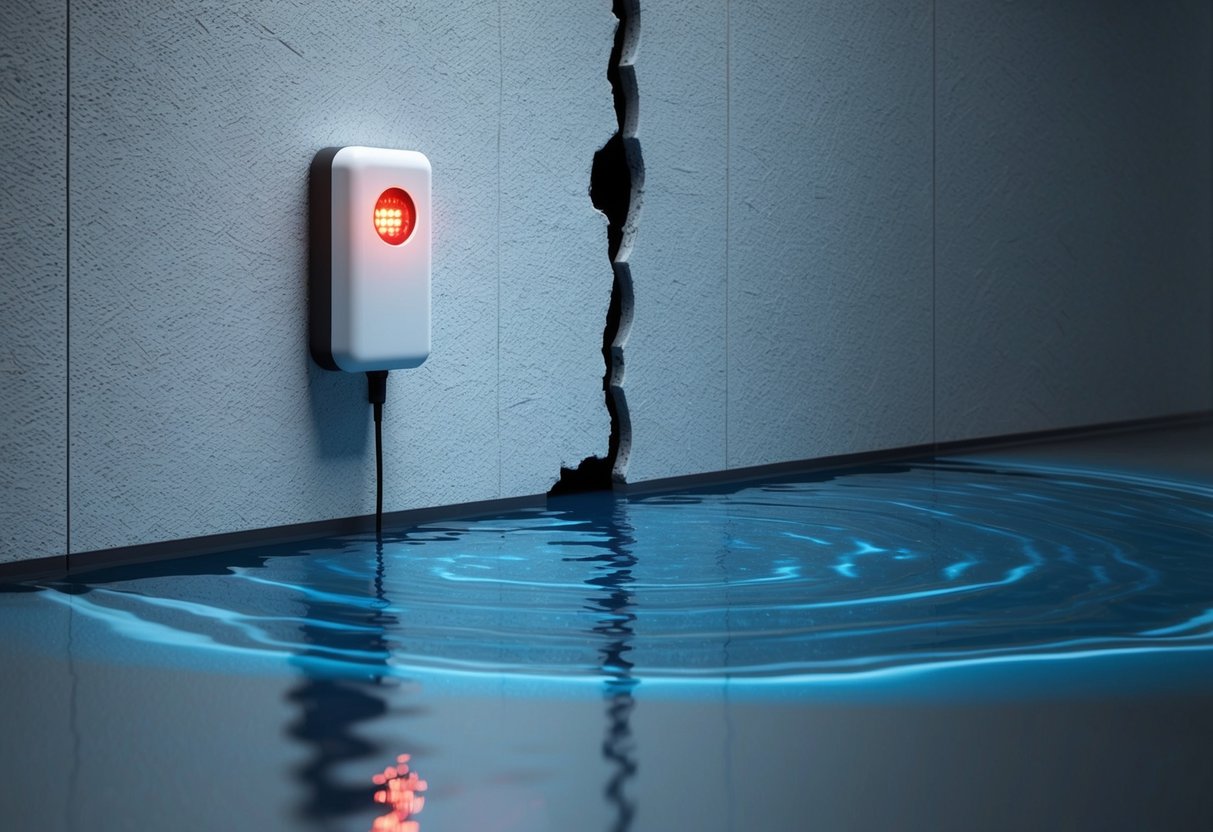 Water leaking from a crack in a wall, pooling on the floor. A small detector attached to the wall beeps and flashes red