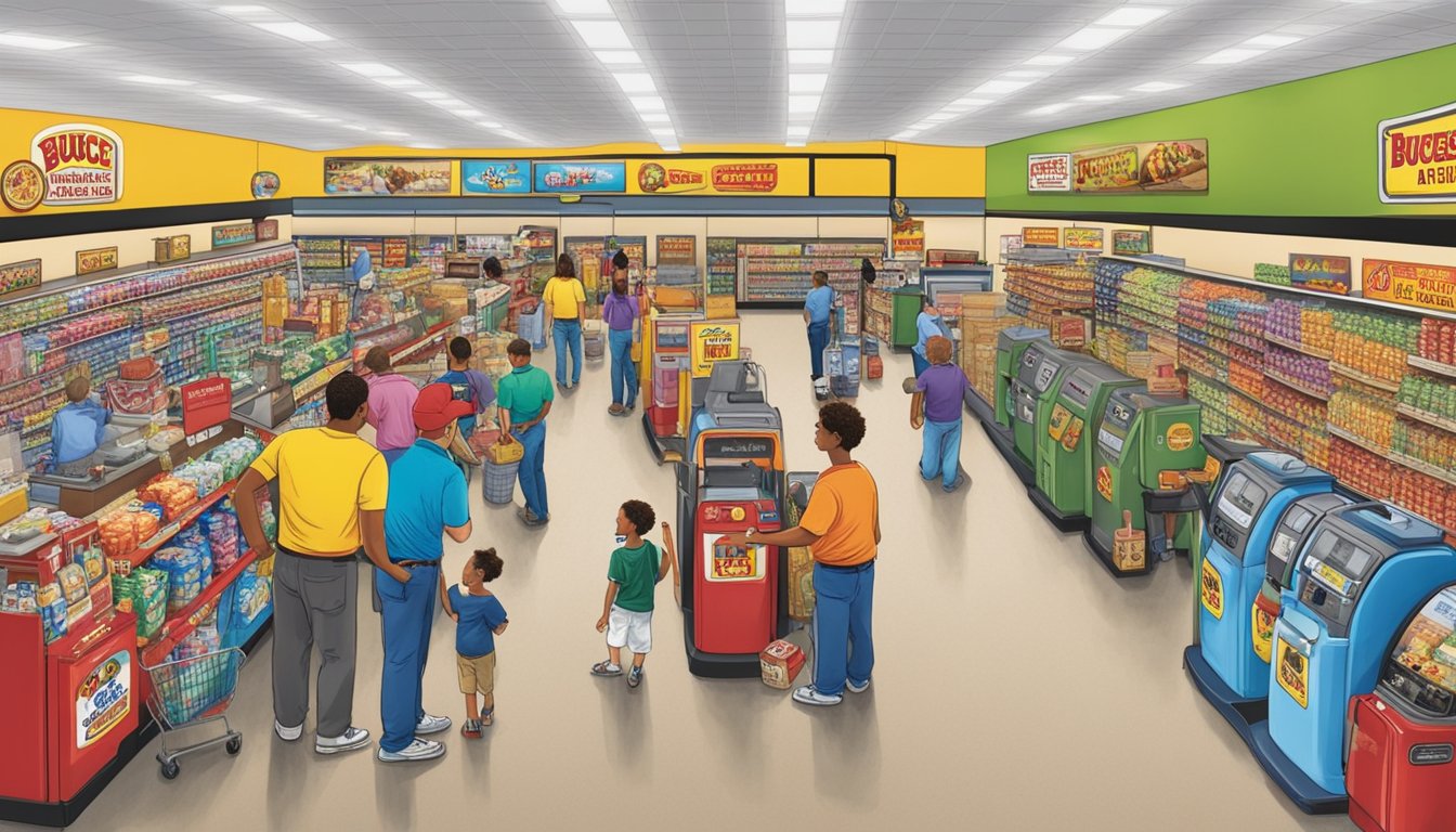 Customers filling up gas tanks at Buc-ee's while others enter the store. A large sign displays store etiquette rules. Brightly colored merchandise lines the shelves