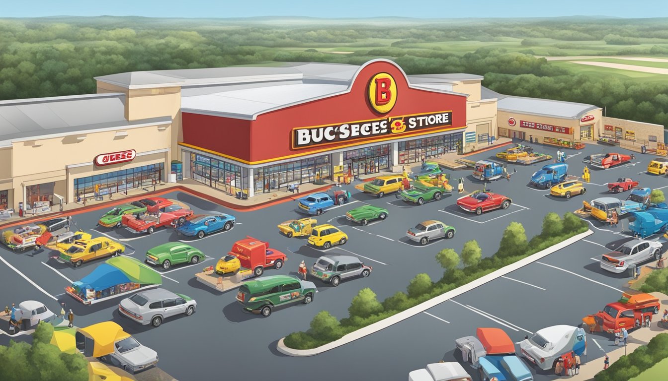 A bustling Buc-ee's mega store with fuel pumps, snacks, and merchandise, surrounded by a large parking lot and busy highway