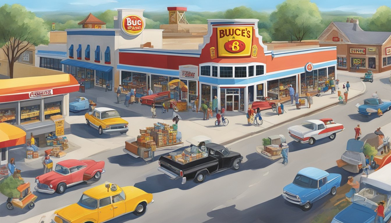 A bustling small town scene with a prominent Buc-ee's gas station, surrounded by local businesses and a steady flow of traffic