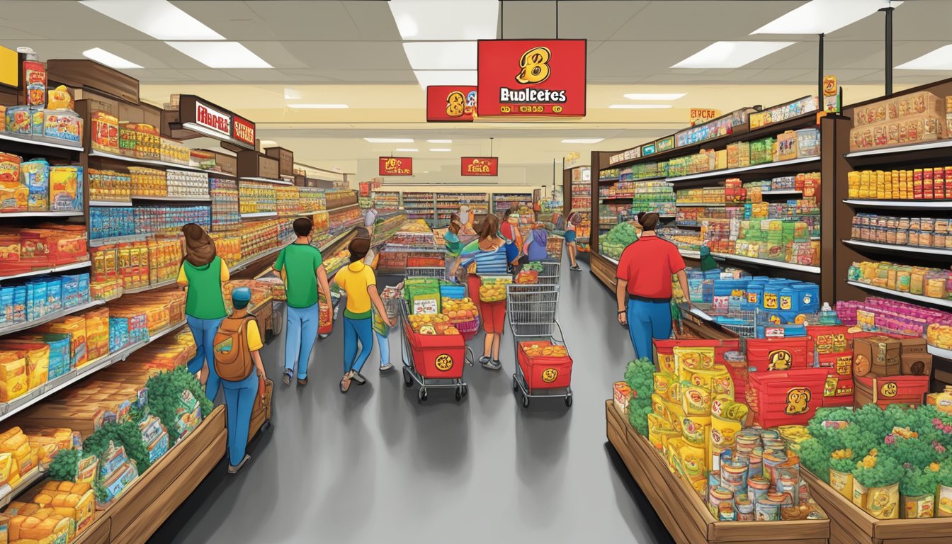 A crowded Buc-ee's store with shelves stocked with various products, customers browsing and filling their carts, and a prominent display of discounted items for budget-conscious shoppers