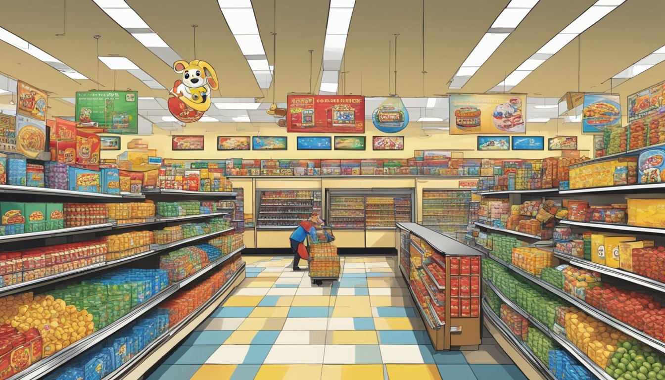 A bustling Buc-ee's store with colorful merchandise, towering shelves, and a busy checkout area. Customers navigate aisles filled with snacks, drinks, and souvenirs, while staff restock shelves