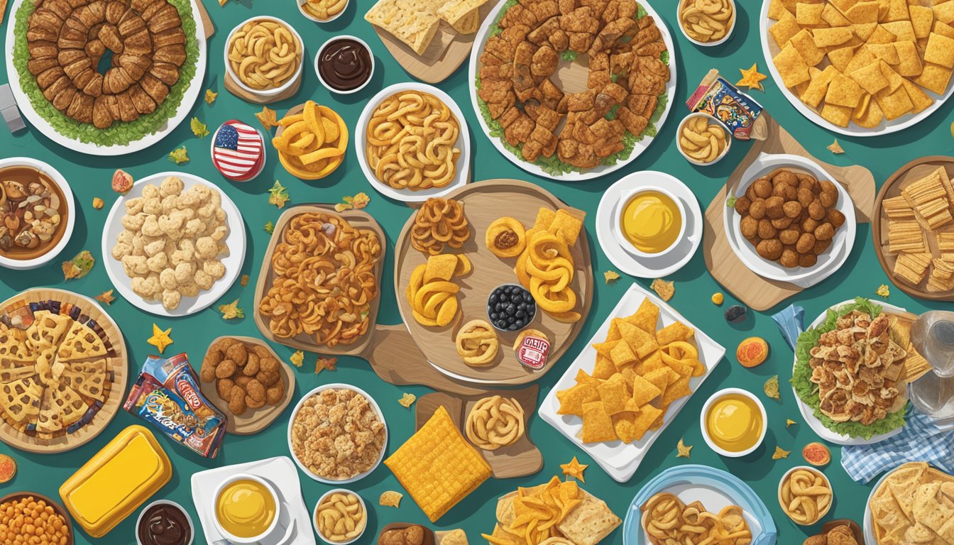 A table filled with a variety of snacks arranged in the shape of the zodiac signs, surrounded by Buc-ee's iconic logo and merchandise