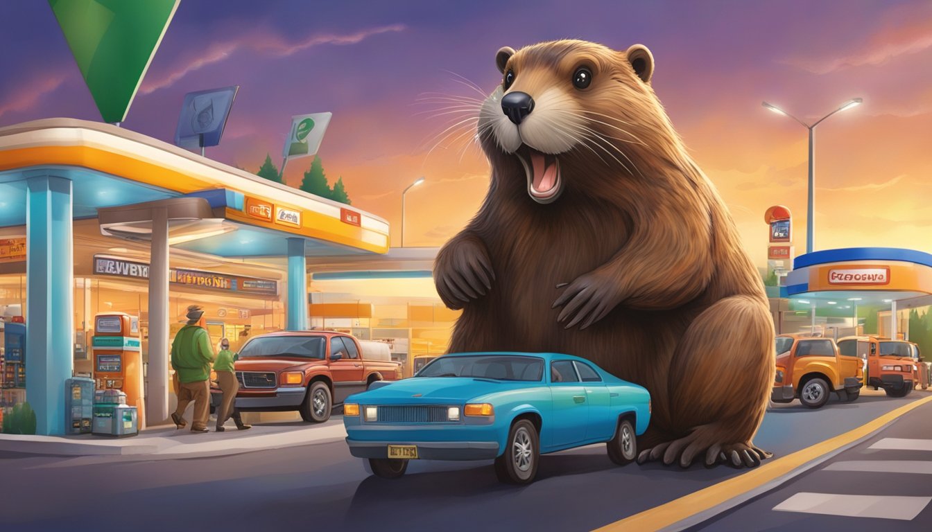 A busy highway with a giant beaver statue towering over a bustling gas station and convenience store. Bright lights and a sense of excitement draw in travelers