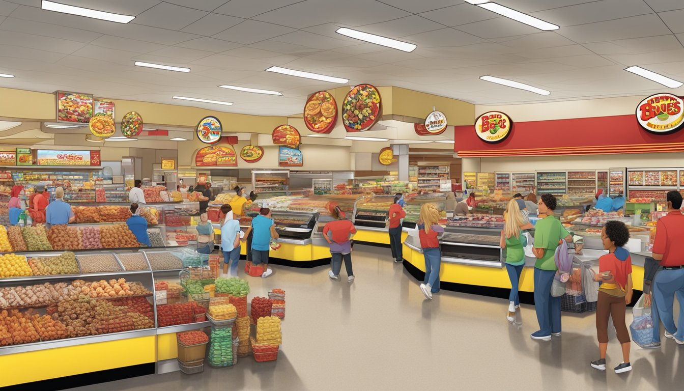 A bustling Buc-ee's store with colorful displays of BBQ snacks and other treats, surrounded by a lively atmosphere of customers and staff