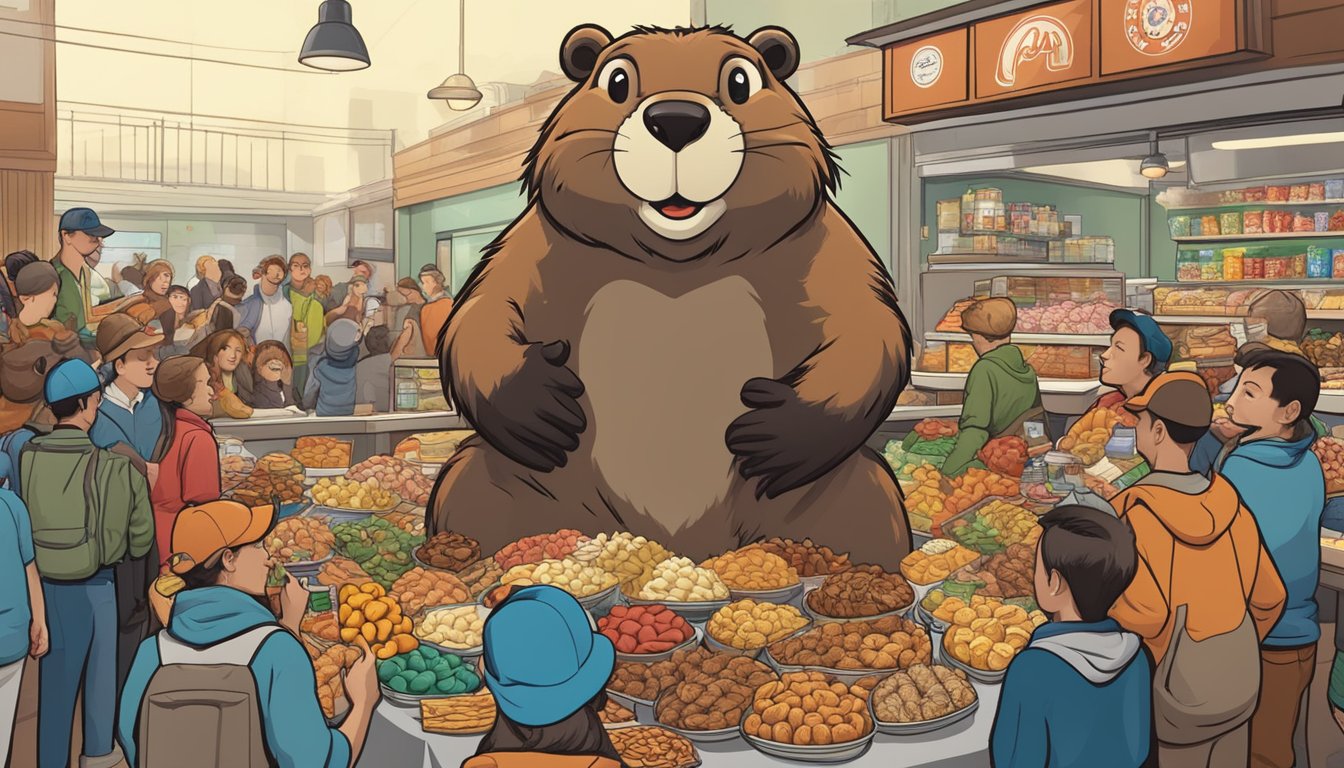 A larger-than-life beaver mascot surrounded by a variety of snacks and merchandise, with a bustling crowd of customers in the background