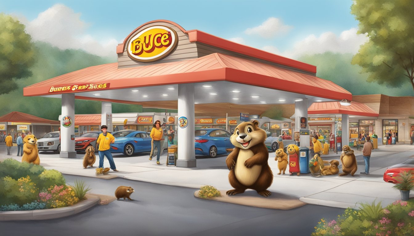 A bustling Buc-ee's gas station with a large beaver mascot, surrounded by happy customers and a thriving community