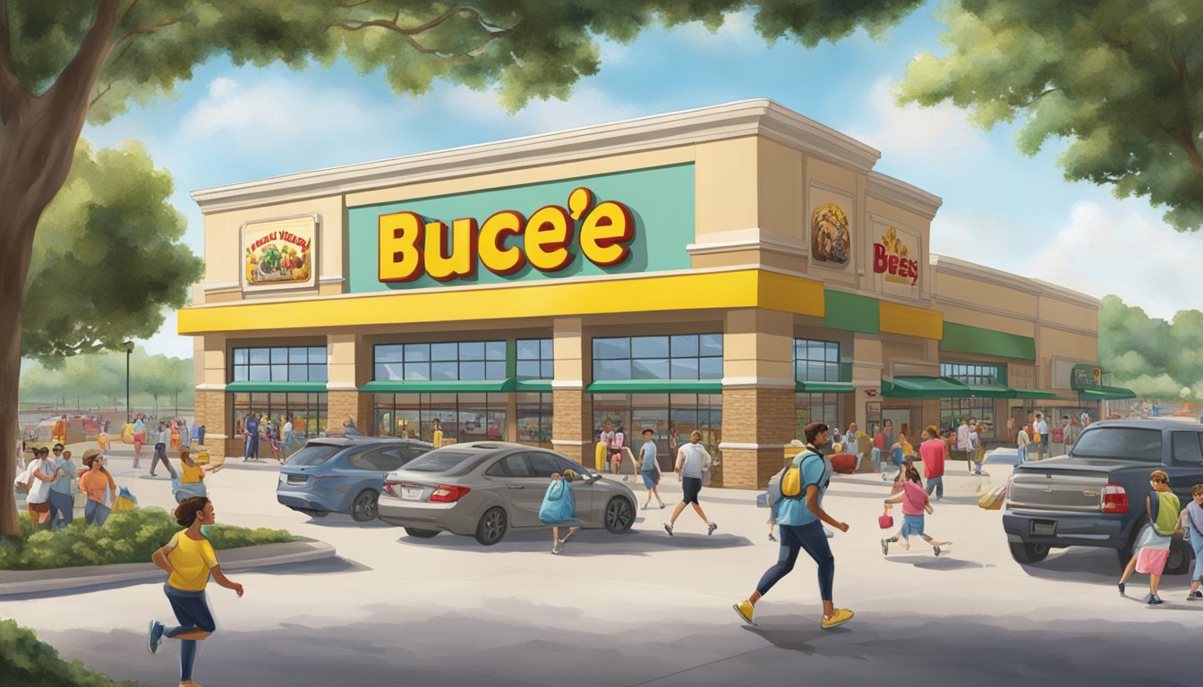 A bustling Buc-ee's store with a sprawling parking lot, surrounded by greenery and filled with people walking, jogging, and exercising